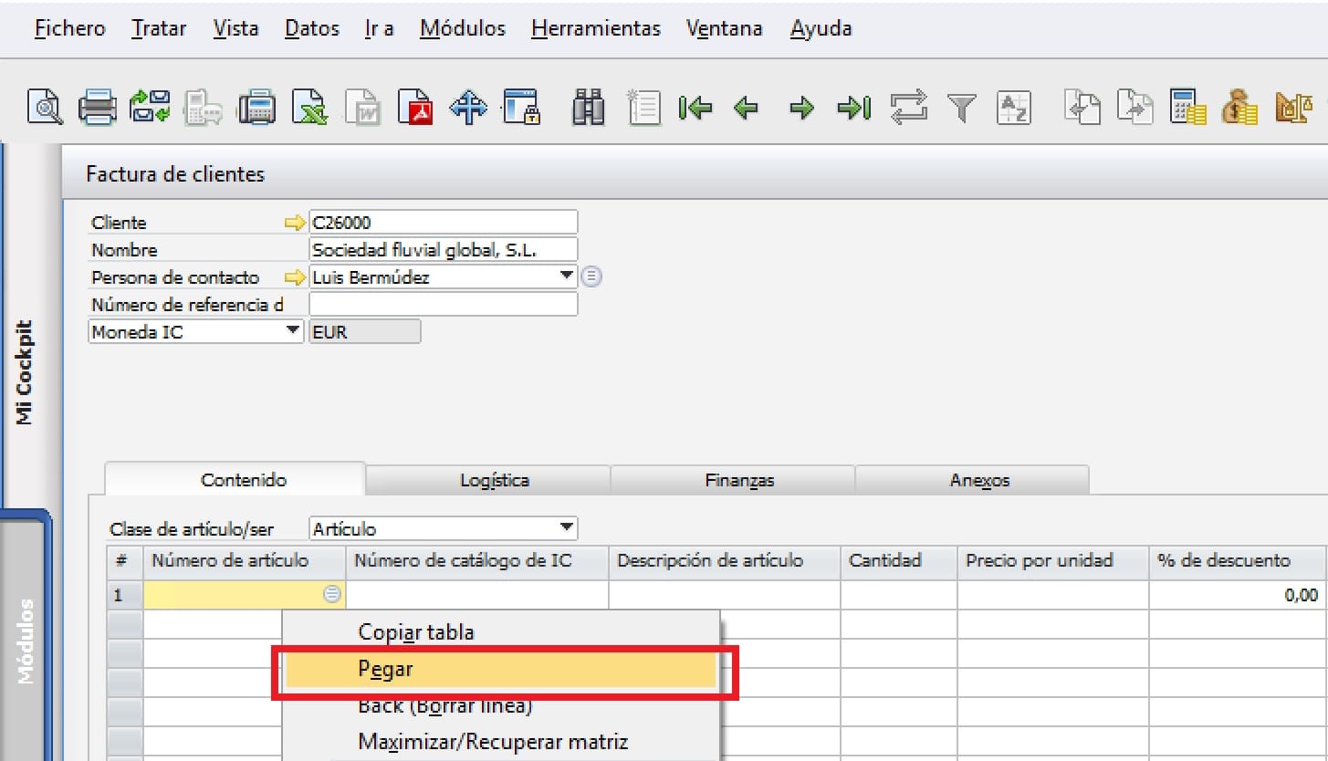 Detalle de como pegar los datos en SAP Business One