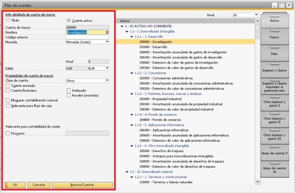 Detalle de los datos propios de la cuenta seleccionada en SAP Business One