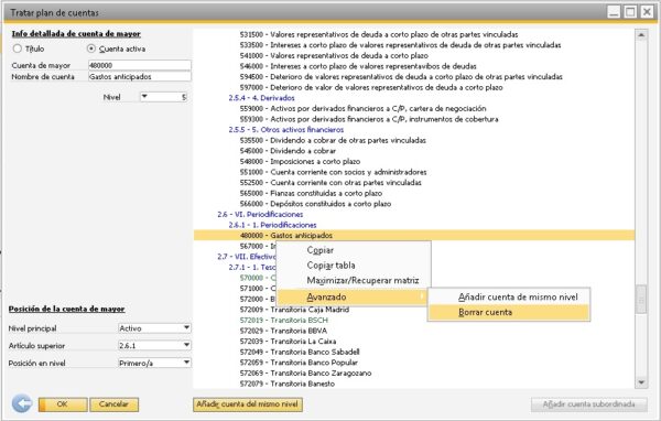 Detalle de como borrar una cuenta en SAP Business One