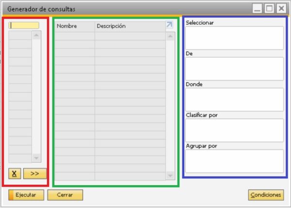 Pantalla del generador de consultas en SAP Business One