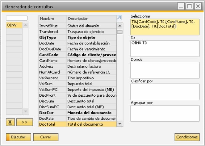 Detalle de la pantalla del generador de consultas en SAP Business One