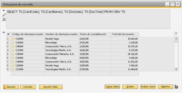 Detalle del resultado de la consulta en el generador de consultas en SAP Business One