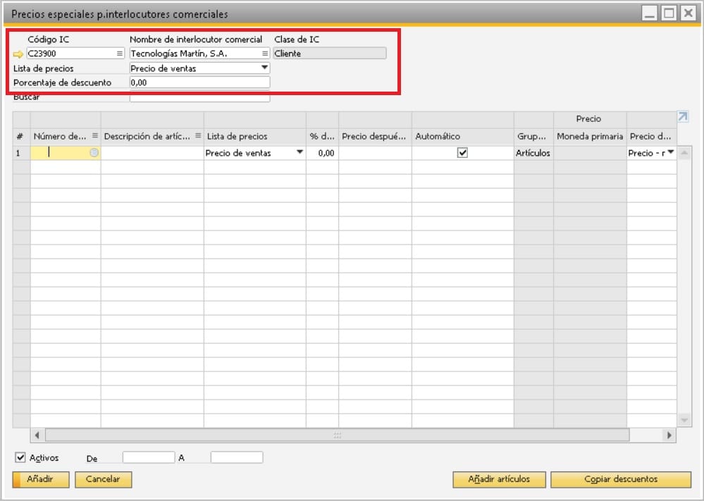 Precios especiales en SAP Business One