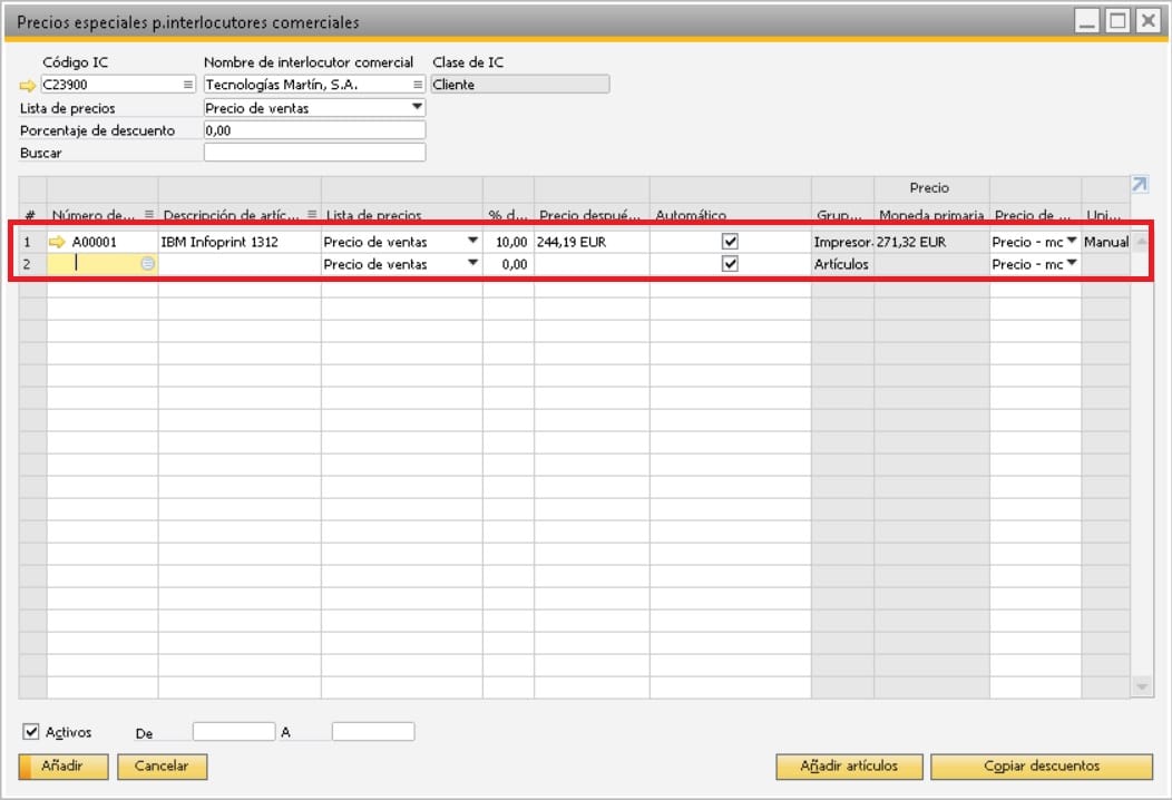 Selecciona el artículo al que aplicar los precios especiales en SAP Business One
