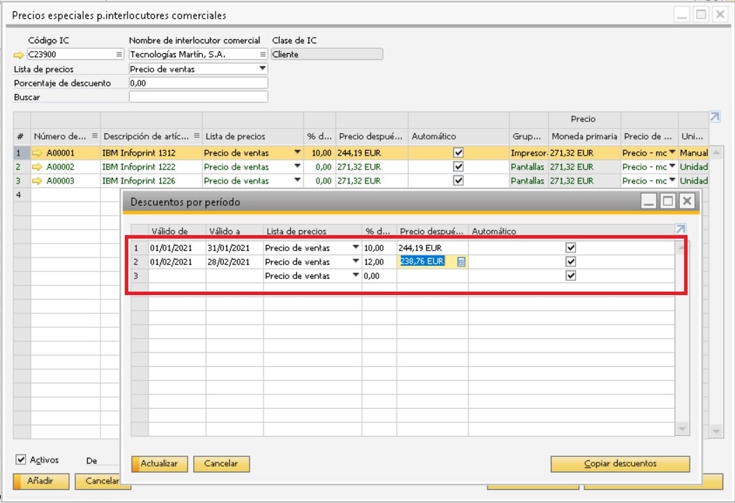 Selecciona las fechas para aplicar los precios especiales en SAP Business One