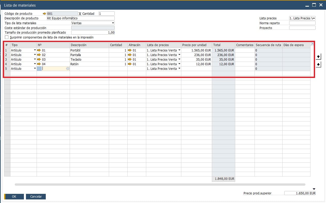 Cómo establecer los componentes de la lista de materiales en SAP Business One