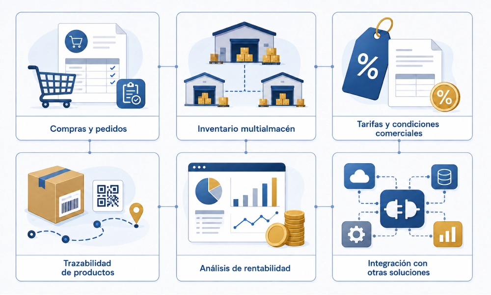 Seis funciones de un ERP para distribución: pedidos, inventario, tarifas, trazabilidad, rentabilidad e integraciones
